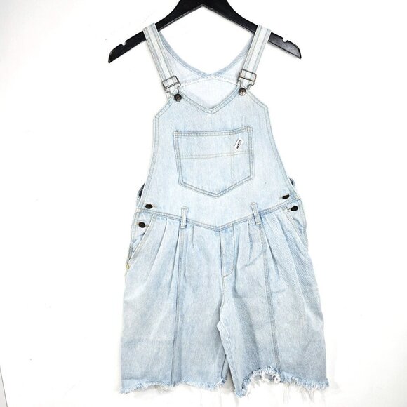 Vintage 80s GUESS Jeans Romper Baggy Shorts Light Wash Blue Shortalls Bibs - Picture 1 of 16